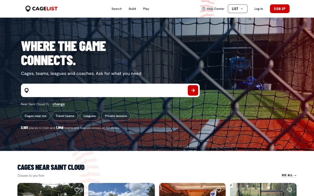 The CageList site, a marketplace for booking batting cages by the hour